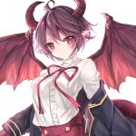  1girl ahoge artist_name bangs black_jacket blush center_frills closed_mouth commentary dragon_girl dragon_tail dragon_wings eyebrows_visible_through_hair flower_in_eye frilled_shirt frills granblue_fantasy grea_(shingeki_no_bahamut) jacket long_sleeves manaria_friends neck_ribbon off_shoulder open_clothes open_jacket pointy_ears purple_hair purple_neckwear purple_ribbon red_eyes red_wings ribbon shingeki_no_bahamut shirt short_hair simple_background solo symbol_in_eye tail upper_body vebonbon white_background white_shirt wings 