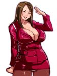  breasts cleavage ganto gradient gradient_background hips lipstick makeup mature milf office_lady pantyhose plump simple_background solo uniform wide_hips 