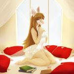  anthro bed book breasts cervid clothed clothing female inside kneeling looking_at_viewer mammal nipple_outline pillow seibear sheer_clothing solo translucent transparent_clothing wide_hips 