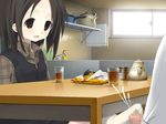  1boy 1girl black_hair blush cum ejaculation feet footjob game_cg indoors penis 