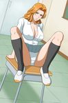  1girl arm_support beauty_mark bleach blue_eyes blush breasts cleavage desk erect_nipples female footwear full_body highres indoors legs_up long_hair matsumoto_rangiku mole orange_hair panchira_sit panties pantyshot pantyshot_(sitting) pantyshot_sitting school_uniform shirt sitting skirt socks solo underwear upskirt white_panties x_bokkis 