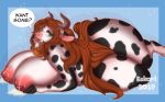  anthro big_breasts bovid bovine breasts cattle curvaceous dialogue english_text ezukapizumu female holstein_friesian_cattle horn huge_breasts lactating looking_at_viewer mammal nipples overweight overweight_female solo text thick_thighs 