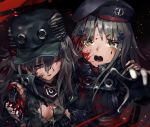  2girls aamond android bandanna beret bleeding blood blood_on_face breasts carrying cleavage commentary_request crying crying_with_eyes_open eyes_closed g11_(girls_frontline) girls_frontline goggles goggles_around_neck green_eyes hat highres hk416_(girls_frontline) injury jacket multiple_girls open_mouth silver_hair tears torn_clothes 