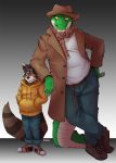  alligator anthro black_nose brown_eyes brown_fur clothed clothing cregon crocodile crocodilian draite duo fedora footwear fully_clothed fur guardians_of_the_galaxy hand_in_pocket hat hi_res hoodie jeans looking_at_viewer male mammal marvel pants plantigrade procyonid raccoon reptile ringtail rocket_raccoon scalie shoes simple_background size_difference smile smirk sneakers text topcoat whiskers 