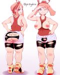  1girl ass bike_shorts blue_eyes breasts brown_hair creatures_(company) deee eyebrows game_freak haruka_(pokemon) highres long_hair nintendo pokemon pussy shirt shorts simple_background smile solo white_background 