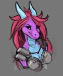  2019 anthro armor blue_eyes breasts clothed clothing deviant-soulmates digital_media_(artwork) dragon female grey_background hair horn red_hair simple_background smile solo 