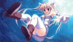  1girl angel_ring blonde_hair blue_eyes blush boots cameltoe detached_sleeves game_cg highres mika_alsted_heine not_kittens outdoors panties skirt sky solo underwear upskirt 