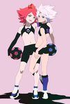  2boys ball bike_shorts blue_eyes burn burn_(inazuma_eleven) gazelle inazuma_eleven inazuma_eleven_(series) multiple_boys nagumo_haruya potti-p red_hair skin_tight soccer_ball suzuno_fuusuke trap white_hair yellow_eyes 