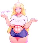  1girl abs ahoge belly blonde_hair breasts deee eyebrows highres long_hair purple_eyes rwby shorts smile solo standing stomach sweat very_long_hair yang_xiao_long 