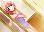  1girl blush game_cg indoors pink_hair solo towel 