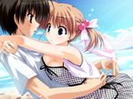  1boy 1girl amatsu_misora_ni! breasts brother_and_sister character_request cleavage cute game_cg hug kanzaki_miyu outdoors shintaro shintarou siblings sister sky source_request 