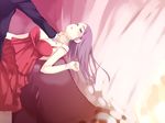  1girl asphyxiation breasts choking dazed dress game_cg headband kagami_kouhei kirimiya_mizuki long_hair medium_breasts purple_eyes purple_hair solo_focus yume_miru_kusuri 