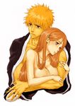  bleach brown_eyes couple inoue_orihime kurosaki_ichigo mask orange_hair topless 