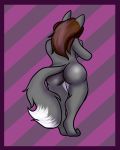  2019 anthro black_fur brown_hair butt canid canine canis coyote female fur hair kittybird mammal nude rear_view solo 