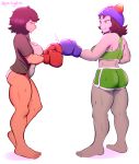  2girls absurdres ass boxing_gloves breasts deee eyebrows fang green_eyes hat highres homestuck leotard multiple_girls nepeta_leijon shirt short_hair shorts simple_background smile standing sweat white_background yellow_eyes 
