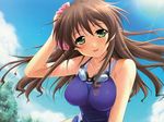  blush breasts brown_hair character_request goggles green_eyes highres itou_hinako kanekiyo_miwa kantoku large_breasts natsu_no_ame sky smile source_request swimsuit towel tree wet 