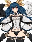  1girl angel_wings asymmetrical_wings bare_shoulders black_panties black_thighhighs blue_hair breasts cleavage commentary_request detached_sleeves dizzy_(guilty_gear) feathered_wings green_wings guilty_gear guilty_gear_xrd hair_ribbon hair_rings hands_on_own_hips highres hina_co_330 large_breasts long_hair monster_girl navel panties red_eyes ribbon standing thighhighs underwear white_sleeves white_wings wide_sleeves wings yellow_ribbon 