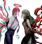  2girls arms_behind_back bandaged_arm bandaged_hand bandaged_leg bandages bangs black_necktie black_pants braid breasts brown_dress chainsaw_man closed_mouth dress eto_(tokyo_ghoul) eye_contact from_side green_hair grey_background grey_shirt halo highres kagune_(tokyo_ghoul) large_breasts long_hair long_sleeves looking_at_another multiple_girls necktie orange_eyes pants red_eyes red_hair shiny_hair shirt side_braid simple_background smile tokyo_ghoul yourfreakyneighbourh 