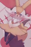  1girl animal_ears black_fur blush body_fur braixen bright_pupils closed_mouth commentary flat_chest fox_ears fox_girl fox_tail full_body furry furry_female happy highres looking_at_viewer multicolored_fur neck_fur own_hands_together pokemon pokemon_(creature) red_eyes sakuyan_(sakuyan1007) smile solo split_mouth standing stick straight-on tail v-shaped_eyebrows white_fur white_pupils yellow_fur 