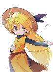  1girl black_shirt blonde_hair brown_headwear grey_eyes hair_between_eyes hat highres long_hair long_sleeves looking_at_viewer pokemon pokemon_adventures rascal_(feuille) shirt smile solo tunic very_long_hair white_background yellow_(pokemon) yellow_tunic 