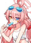  1girl absurdres bangs blue_archive blue_eyes collarbone eyewear_on_head food halo heterochromia highres himura_soichiro hoshino_(blue_archive) looking_at_viewer pink_hair popsicle popsicle_in_mouth simple_background solo sunglasses sweat swimsuit twintails upper_body white_background yellow_eyes 