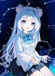  1girl :d animal_ears black_skirt blue_bow blue_eyes bow collared_shirt commentary_request constellation grey_hair grey_jacket grey_shirt hair_intakes indie_virtual_youtuber jacket long_hair long_sleeves mechuragi myoya_(vtuber) pleated_skirt shirt sitting skirt sleeves_past_wrists smile solo teeth tiger_ears upper_teeth_only very_long_hair virtual_youtuber wide_sleeves 