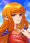  1girl blue_eyes blue_sky blush dress from_side hair_tubes hand_on_own_chest highres long_hair looking_at_viewer looking_to_the_side orange_hair pointy_ears princess_zelda red_dress sky solo the_legend_of_zelda the_legend_of_zelda:_skyward_sword upper_body vergil_mon 