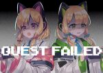  2girls absurdres animal_ear_headphones animal_ears aqua_bow blonde_hair blue_archive blue_necktie bow cat_ear_headphones collared_shirt despair english_text fake_animal_ears film_grain gradient gradient_background green_eyes hair_bow handheld_game_console headphones highres holding holding_handheld_game_console jacket long_sleeves manase_chiyu midori_(blue_archive) momoi_(blue_archive) multiple_girls necktie off_shoulder pink_bow pink_eyes shaded_face shirt siblings sisters sweat twins upper_body white_jacket white_shirt 