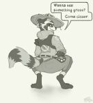 anthro clothed clothing crouching epic_games fortnite hat headgear headwear looking_at_viewer looking_back male mammal procyonid raccoon rufus_(fortnite) solo speech_bubble text that_jaded