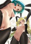  2girls absurdres andou_shuki animal_ears bangs bar_censor blonde_hair blush breasts censored emily_stewart fake_animal_ears green_hair highres idolmaster idolmaster_million_live! idolmaster_million_live!_theater_days inverted_nipples large_breasts long_hair looking_at_viewer medium_breasts meme_attire multiple_girls navel nipples open_mouth orange_eyes purple_eyes rabbit_ears reverse_bunnysuit reverse_outfit revision short_hair simple_background smile stomach thighs tokugawa_matsuri twintails 