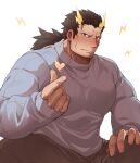  1boy bara brown_hair cowboy_shot dark-skinned_male dark_skin facial_hair finger_heart highres large_pectorals long_hair looking_at_viewer low_ponytail male_focus mature_male muscular muscular_male official_alternate_costume pants pectorals smile solo stubble sweater taishakuten_(housamo) tokyo_afterschool_summoners yu062424 