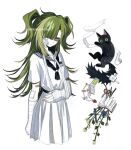  1girl accessories black_cat black_fur blunt_bangs cat cellphone colored_skin dress flower green_eyes green_hair hair_over_one_eye highres injury long_hair niwanosekai notebook original phone pink_nails school_uniform twintails white_background white_dress white_skin 