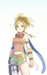  1girl abiko_yuuji belt blonde_hair braid breasts closed_mouth final_fantasy final_fantasy_x fingerless_gloves gloves goggles green_eyes hair_ornament highres long_hair looking_at_viewer medium_breasts navel rikku_(ff10) shorts smile solo x_hair_ornament 