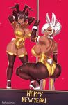  2girls absurdres aestheticc-meme animal_ears ass ass_focus black_hair breasts bunny_pose chinese_zodiac daniela_(aestheticc-meme) dark-skinned_female dark_skin fake_animal_ears fake_tail gold_leotard happy_new_year high_heels highres huge_ass huge_breasts large_breasts leotard long_hair looking_at_viewer mature_female mole mole_on_breast mother_and_daughter multicolored_hair multiple_girls new_year original pantyhose playboy_bunny pole pole_dancing rabbit_ears rabbit_tail sabrina_(aestheticc-meme) squatting strapless strapless_leotard stripper_pole tail thick_thighs thighhighs thighs white_hair year_of_the_rabbit 