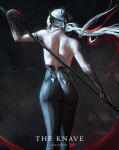  1girl absurdres arlecchino_(genshin_impact) ass black_background black_pants commentary english_commentary feet_out_of_frame from_behind genshin_impact grey_hair highres holding jvn_(jvn_artwork) long_hair pants solo standing topless 