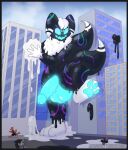 anthro aoi_the_slimecat cassettewaves city city_background feral generation_6_pokemon genitals glowing glowing_eyes glowing_genitalia glowing_markings glowing_mouth goo_creature looming_over macro male markings meowstic nintendo paws pokemon pokemon_(species) slime solo tarr_slime