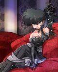  1girl bare_shoulders black_bow black_choker black_dress black_gloves black_hair bow breasts choker choker_jewel cleavage couch dangle_earrings dress earrings gloves grey_bow grey_eyes grey_ribbon grin hand_on_ground hand_on_own_cheek hand_on_own_face highres indoors jewelry kunou_kodachi lying on_couch on_side pearl_hair_ornament ranma_1/2 reclining red_pillow ring side_ponytail smile wanta_(futoshi) 