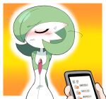  arms_behind_back blush bob_cut cellphone closed_eyes colored_skin envi55109095 flying_sweatdrops gardevoir gradient_background green_hair highres multicolored_skin orange_background out_of_frame phone pokemon pokemon_(creature) smartphone sweatdrop two-tone_skin white_skin 