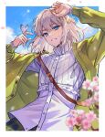  1boy blue_eyes blue_sky bug butterfly buttons cardigan cherry_blossoms collared_shirt diamond_hair_ornament falling_petals fate/grand_order fate_(series) flower frilled_shirt_collar frills green_cardigan highres insect_on_finger long_sleeves medium_hair oberon_(fate) official_alternate_costume official_alternate_hairstyle pants petals plaid plaid_pants shirt sky smile solo weii2021 white_hair white_shirt 
