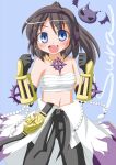 1girl :d bare_shoulders bead_necklace beads black_gloves black_hair black_pants blue_eyes breasts character_name chest_sarashi cleavage clenched_hands collarbone elbow_gloves fang gloves hairband hands_up jewelry kikkawa_(citrus_fruits) light_blue_background looking_at_viewer medium_breasts medium_hair navel necklace open_mouth pants ponytail purple_hairband ragnarok_online sarashi smile solo sura_(ragnarok_online) 