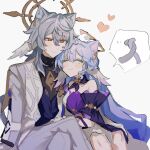  1boy 1girl animal_ears arm_at_side black_shirt blue_hair blush cat_boy cat_ears cat_girl cat_tail closed_eyes closed_mouth crossed_legs cuddling dress facing_another feet_out_of_frame grey_hair hair_between_eyes halo head_wings heart honkai:_star_rail honkai_(series) inagoinaire intertwined_tails jacket kemonomimi_mode looking_at_another open_clothes open_jacket pants purple_dress robin_(honkai:_star_rail) shirt sidelocks simple_background sitting smile speech_bubble sunday_(honkai:_star_rail) tail white_background white_jacket white_pants wings 
