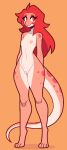anthro breasts dvdshka female genitals hair hi_res lizard long_hair nude pussy red_eyes red_hair reptile scalie simple_background small_breasts solo spots standing tail