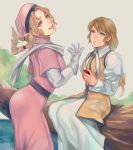  2girls braid brigandine dress gloves hat lips long_hair looking_at_viewer multiple_girls open_mouth sitting smile twin_braids white_gloves 