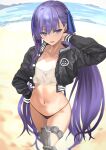  1girl absurdres bandeau bangs beach black_jacket black_panties blue_eyes blue_ribbon blush breasts collarbone cropped_jacket fate/extra fate/extra_ccc fate/grand_order fate_(series) hair_ribbon highres jacket kesoshirou long_hair long_sleeves looking_at_viewer meltryllis_(fate) navel open_clothes open_jacket open_mouth panties prosthesis prosthetic_leg purple_hair ribbon shore small_breasts solo thighs underwear very_long_hair 