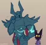  &lt;3 anthro black_body black_fur blush cataxdrk2020 confusion duo fur glowing glowing_eyes humanoid laugh league_of_legends living_armor looking_at_another male male/male mordekaiser_(lol) one_eye_half-closed question_mark riot_games simple_background size_difference text veigar watermark wizard_robe yordle 