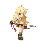  1girl ahoge armband arrow_(projectile) blonde_hair boots bow_(weapon) breasts brown_eyes brown_footwear brown_gloves brown_shirt brown_shorts chibi crop_top expressionless fingerless_gloves full_body fur-trimmed_gloves fur-trimmed_shirt fur-trimmed_shorts fur_trim gloves high_heel_boots high_heels holding holding_arrow holding_bow_(weapon) holding_weapon long_hair looking_at_viewer medium_bangs midriff navel official_art open_mouth quiver ragnarok_online shirt short_shorts shorts simple_background sleeveless sleeveless_shirt small_breasts sniper_(ragnarok_online) solo standing tachi-e transparent_background two-tone_gloves two-tone_shirt two-tone_shorts very_long_hair weapon yellow_gloves yellow_shirt yellow_shorts yuichirou 