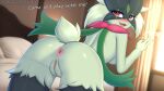  2022 2023 anthro anus bedroom blush breasts butt detailed_background dialogue digital_media_(artwork) english_text eyebrows eyelashes fangs female fingers generation_9_pokemon hair hi_res inside looking_at_viewer looking_back looking_back_at_viewer meowscarada nintendo open_mouth pillow pokemon pokemon_(species) rear_view smile solo teeth text twistedscarlett60 url 