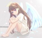 1girl absurdres angel_wings arms_on_knees bare_legs barefoot brown_hair closed_mouth feathered_wings fujishima_megumi full_body half_updo halo highres knees_up light_smile link!_like!_love_live! long_hair looking_at_viewer love_live! purple_eyes shadow shirt short_sleeves sitting solo soramizuki white_shirt white_wings wings yellow_halo 