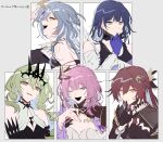  5girls absurdres bare_shoulders black_tank_top blue_eyes blue_gloves blue_hair braid closed_mouth colored_inner_hair commentary_request earrings elysia_(honkai_impact) floating_hair fu_hua gloves green_eyes green_hair grey_hair hair_between_eyes hair_ornament hand_on_own_chin hand_up highres hirako_daishougun honkai_(series) honkai_impact_3rd index_finger_raised jewelry long_hair looking_at_viewer mobius_(honkai_impact) multicolored_hair multiple_girls murata_himeko one_eye_closed open_mouth orange_eyes pink_hair raiden_mei raiden_mei_(apho) red_hair side_braid tank_top teeth translation_request upper_body white_background 