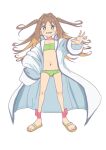  1girl alternate_hair_length alternate_hairstyle ankle_cuffs bikini brown_hair coat colored_inner_hair commentary flat_chest flip-flops full_body green_bikini green_eyes grin hair_intakes legs_apart long_hair long_sleeves looking_at_viewer multicolored_hair navel oka_asahi onii-chan_wa_oshimai! orange_hair outstretched_arm oversized_clothes sandals simple_background sleeves_past_wrists smile solo standing stomach swimsuit swimsuit_under_clothes tama_go two-tone_hair two_side_up v-shaped_eyebrows white_background white_coat 